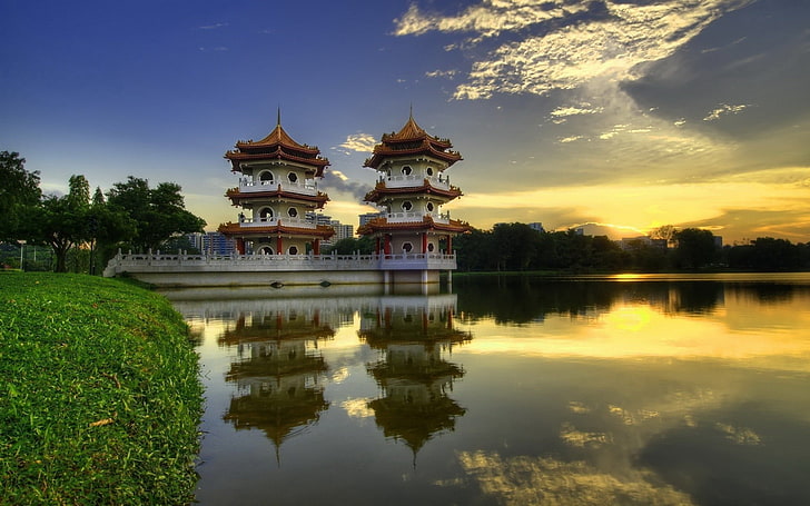 white and brown concrete building, architecture, reflection, sky, water, Chinese garden, HD wallpaper