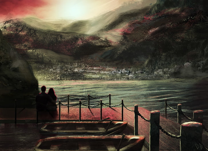 보트 그림, 초현실적 인 풍경, 아시아, 물, 사랑 옆에 서있는 남자와 여자, HD 배경 화면