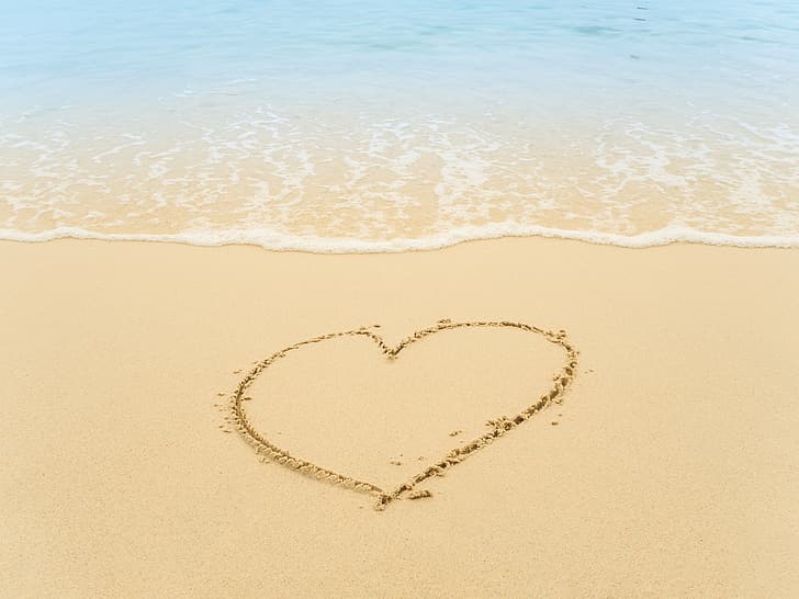 sand, sea, wave, beach, summer, love, heart, romantic, I love You, HD wallpaper