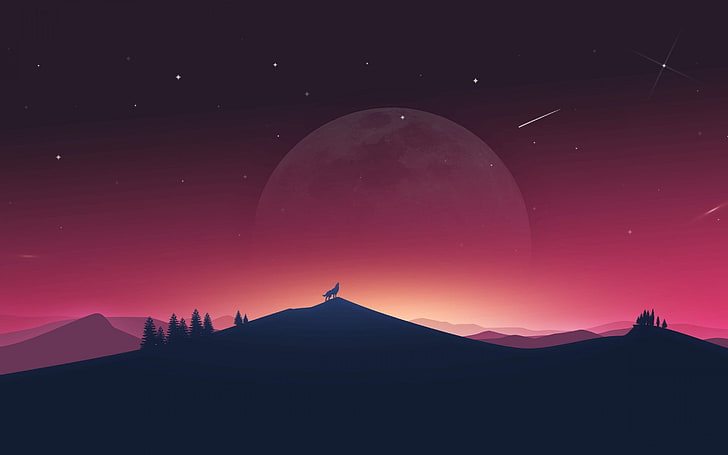 Moonlight, red, luna, black, abstract, silhouette, fantasy, moon, lup, wolf, pink, HD wallpaper
