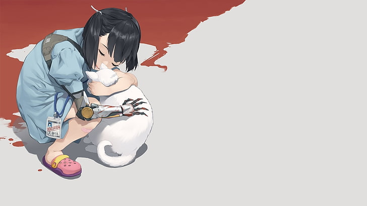 Anime, manga, anime girls, simple background, sad, blood, cat, gray  background, HD wallpaper | Wallpaperbetter