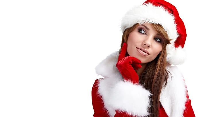жени, модел, брюнетка, дълга коса, Коледа, костюм на Дядо Коледа, бял фон, червен, шапки на Дядо Коледа, ръкавици, гледане настрани, мислене, Изабела Магиер, HD тапет