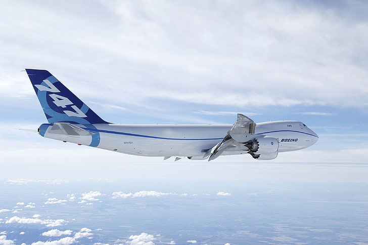 Companhia aérea de Pequim 747 branca e azul, o avião, O céu, Dia, Boeing, Carga, Vista lateral, No ar, Moscas, 747-8, HD papel de parede