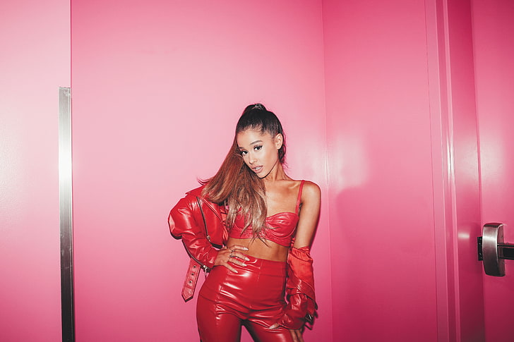 women, Ariana Grande, leather, pink, HD wallpaper