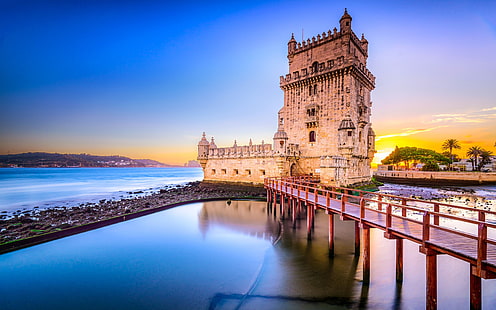 Lisbonne belem tour forteresse coucher de soleil ciel paysage, Fond d'écran HD HD wallpaper