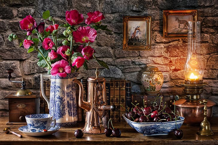 flowers, style, berries, wall, books, lamp, Fox, mug, Cup, pictures, pitcher, still life, cherry, coffee grinder, coffee pot, mallow, HD wallpaper
