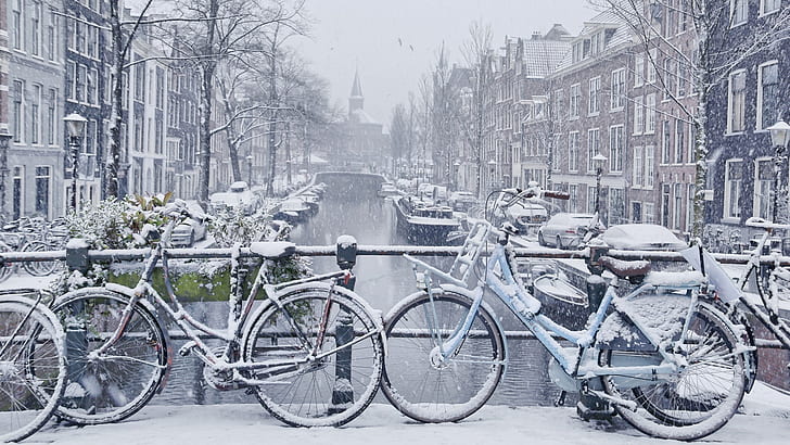 amsterdam, netherlands, winter, snow, bikes, bicycle, europe, canal, HD wallpaper