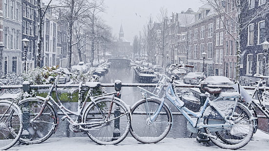 амстердам, нидерланды, зима, снег, велосипеды, велосипед, европа, канал, HD обои HD wallpaper