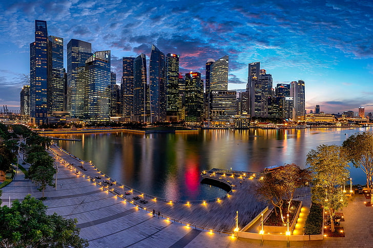 огни, вечер, сингапур, мегаполис, пристань для яхт, HD обои