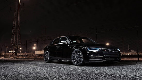 siyah Audi sedan, Audi, RS4, Audi S4, Audi B8, araba, ikinci el araç, gece, HD masaüstü duvar kağıdı HD wallpaper