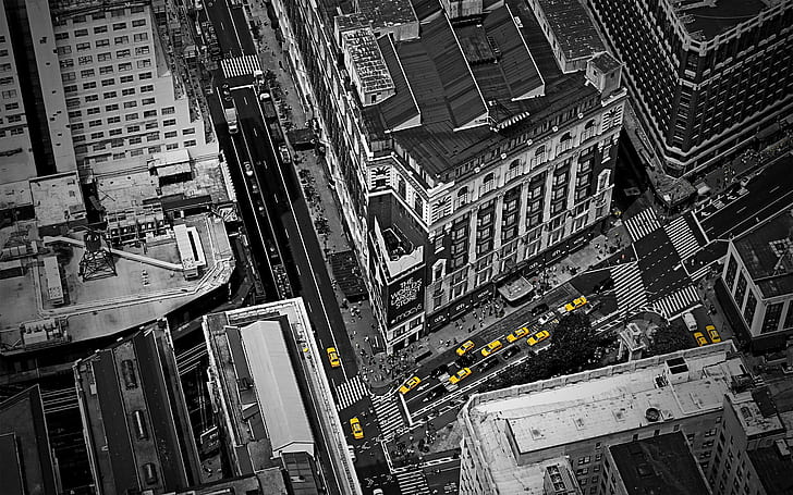 selective coloring, taxi, aerial view, city, traffic, Manhattan, New York City, HD wallpaper