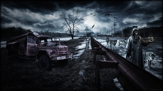 апокалиптический, чернобыльский, темный, ночь, припять, дождь, сталкер, украина, волк, волки, HD обои HD wallpaper