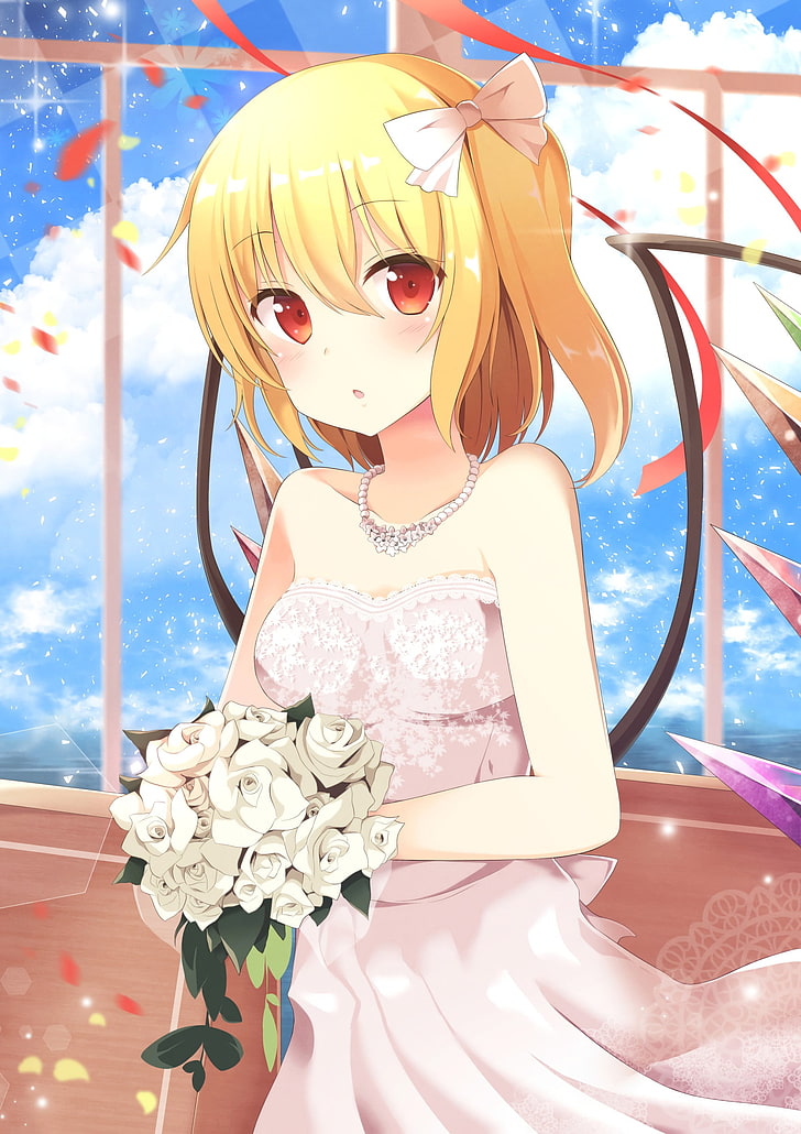 женщина иллюстрации персонаж аниме, аниме, аниме девушки, Touhou, Flandre Скарлет, короткие волосы, светлые, красные глаза, свадебное платье, цветы, HD обои, телефон обои