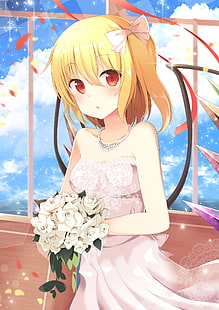 илюстрация на женски аниме герой, аниме, аниме момичета, Touhou, Flandre Scarlet, къса коса, руса, червени очи, сватбена рокля, цветя, HD тапет HD wallpaper