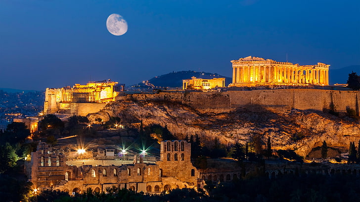 acropolis, ruins, historical, history, europe, darkness, moon, moonlight, night, landmark, greece, athens, acropolis hill, parthenon, ancient history, tourist attraction, historic site, HD wallpaper
