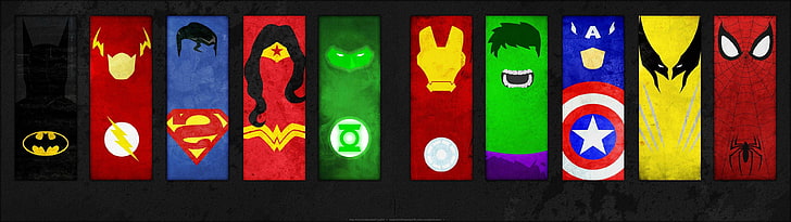 Batman, DC Comics, Green Lantern, hulk, Iron man, Multiple Display, spider man, superman, The Flash, wolverine, Wonder Woman, HD wallpaper