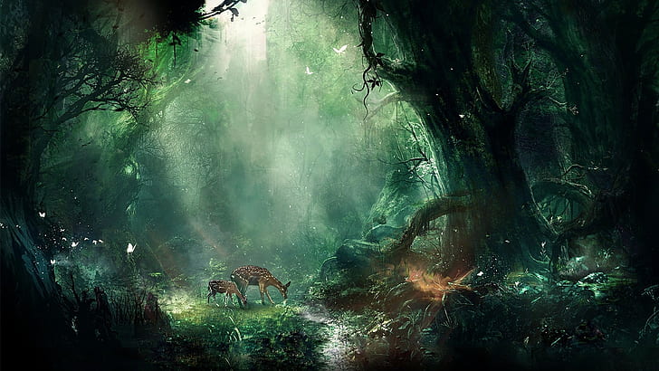 fantasy art, forest, deer, fawns, HD wallpaper