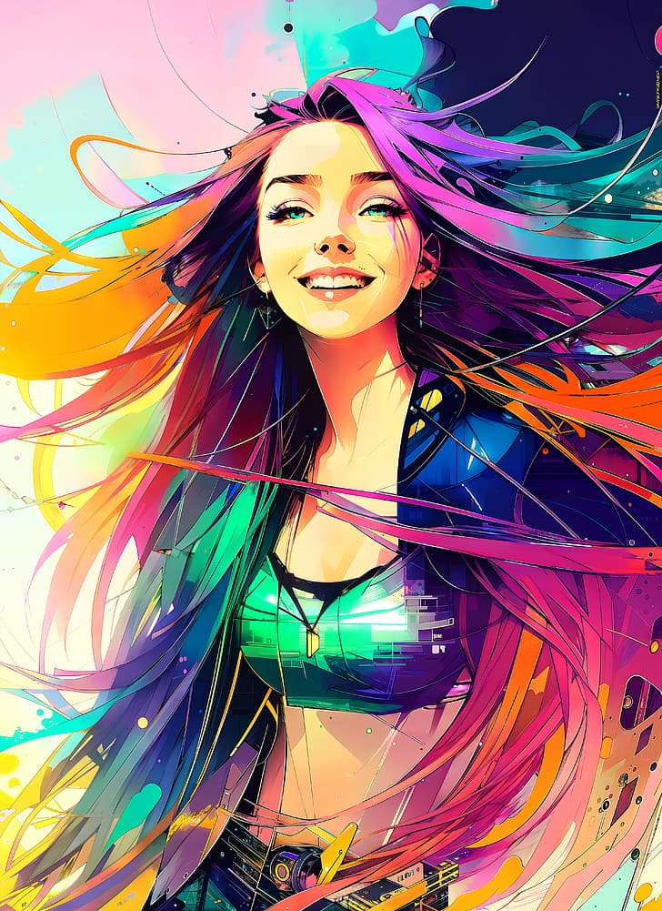 AI art, artwork, colorful, Color Burst, long hair, smile, inkpunk, HD wallpaper