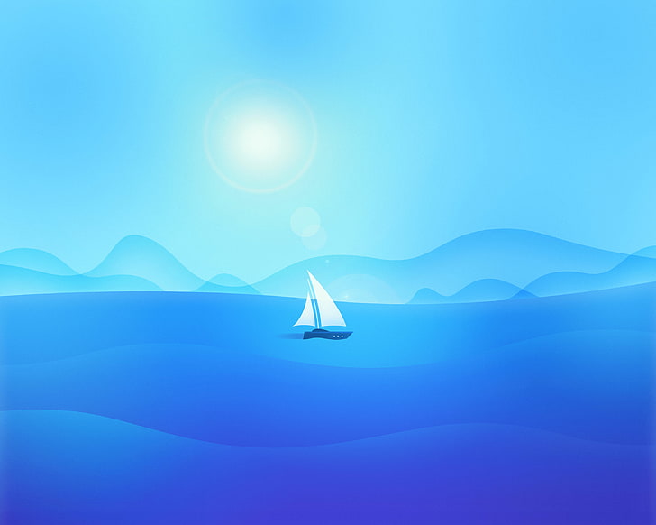 mar, veleros, material mínimo, diseño plano, mar abierto, Fondo de pantalla HD