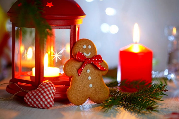 ginger bread, holiday, heart, candles, cookies, Christmas, lantern, New year, Happy New Year, Merry Christmas, cookie, Christmas decoration, Christmas decorations, HD wallpaper