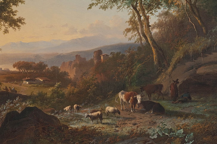 painting, cow, sheep, trees, classic art, peasants, HD wallpaper