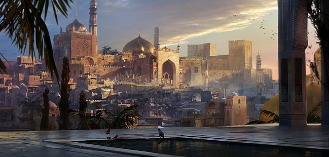 произведения искусства, пейзаж, дворец, восточный, город, арабский, Средний Восток, HD обои HD wallpaper