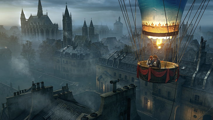two woman and man ride-on hot air balloon wallpaepr, Assassin's Creed, Assassin's Creed: Unity, HD wallpaper