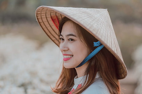 adult, asian, beautiful, chinese, cute, fashion, fun, girl, hairstyle, happy, hat, joy, leisure, model, outdoors, people, person, portrait, pretty, relaxation, smile, smiling, summer, vietnamese, woman, young, HD wallpaper HD wallpaper