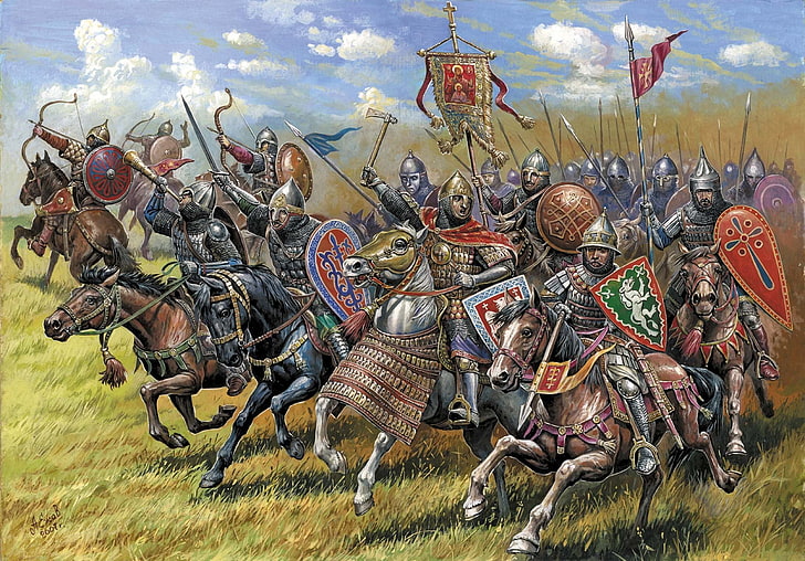 knights riding horse painting, art, soldiers, XIII-XIV centuries, owns all kinds of weapons, the core of the cavalry was princely, consisting of well qualified, professional, keeping in touch with old traditions, military Affairs Russia, they created a distinctive army, Russian cavalry brigade, HD wallpaper