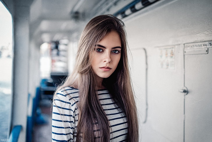 women's white and black striped shirt, women, model, brunette, blue eyes, long hair, portrait, Ekaterina Kuznetsova, Maxim Guselnikov, HD wallpaper