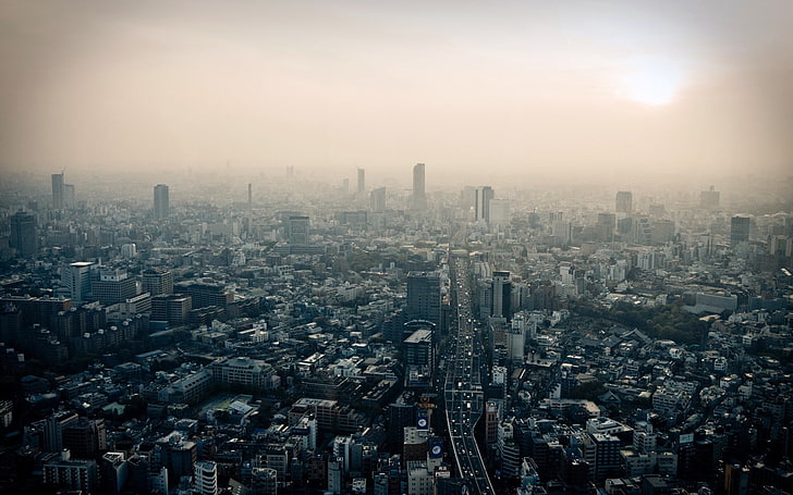 التصوير الجوي لمباني المدينة ، طوكيو ، اليابان ، مناظر المدينة ، الضباب الدخاني ، الطريق، خلفية HD