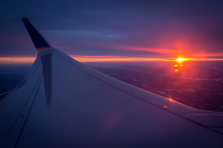 white airplane wing, the sun, horizon, the plane, the view from the top, wing, HD wallpaper