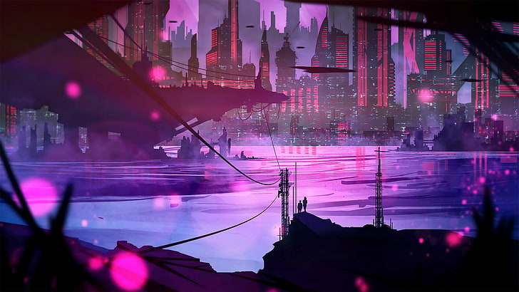 illustration de la scène anime rouge et noir, sans titre, oeuvre, illustration, paysage urbain, Kvacm, DeviantArt, futuriste, Fond d'écran HD