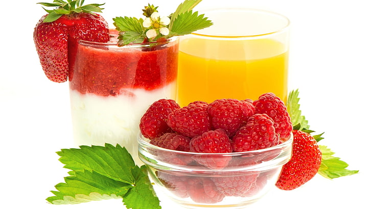 bowl of strawberries, berries, raspberries, strawberries, dessert, juice, HD wallpaper