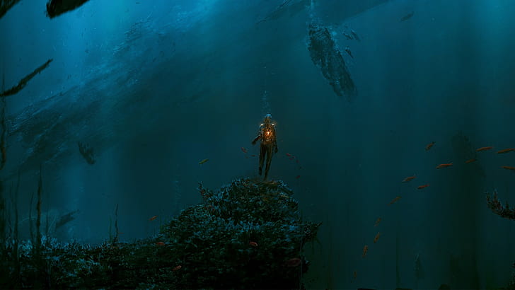 podwodne, dzieło sztuki, fantasy art, mrok, morze, Tapety HD