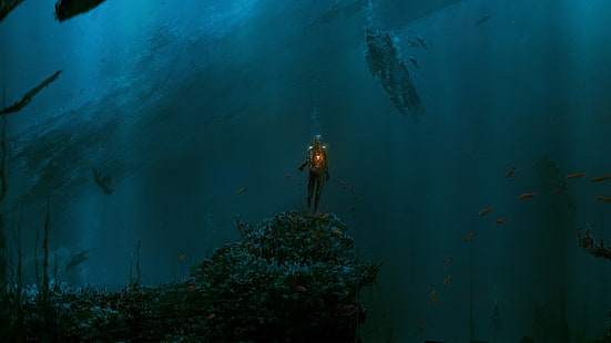 podwodne, dzieło sztuki, fantasy art, mrok, morze, Tapety HD HD wallpaper