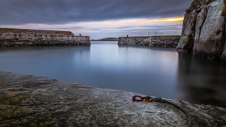 body of water surrounded with gray concrete wall, Dalkey, sunrise, Dublin, Seascape, photography, body of water, gray, concrete, layered, calm, print, nature, orange, sea, morning, ocean, outside, scenic, fuji, outdoors, clouds, rocks, view, tranquil, prints, landscape, winter, ireland, old  european, sky, canvas, outdoor, landscapes, horizontal, fujifilm, xpro2, yellow  sun, photograph, scenery, beautiful, photo, depth, peaceful, fine art, europe, shore, coast, rock - Object, water, sunset, HD wallpaper