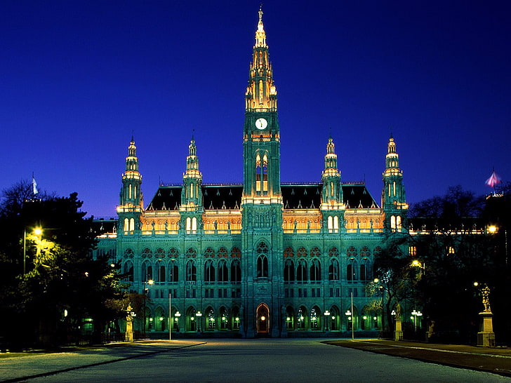 Structure en béton bleu, palais, monument, lumières, architecture, Vienne, Autriche, Fond d'écran HD