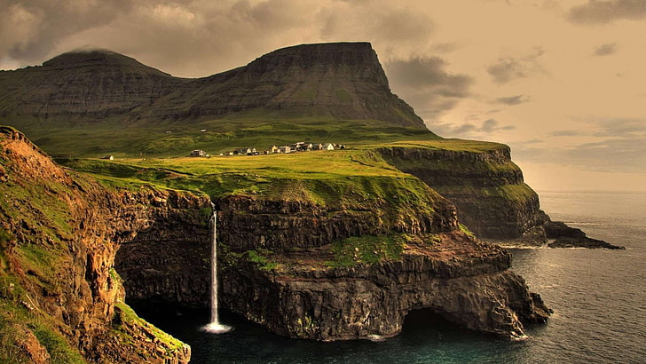 anime, Faroe Islands, Gasadalur, landscape, waterfall, HD wallpaper