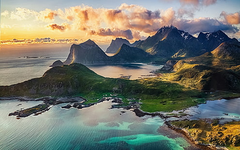 montaña marrón, paisaje, naturaleza, montañas, playa, isla, Lofoten, Noruega, nubes, mar, medianoche, sol, acantilado, Fondo de pantalla HD HD wallpaper