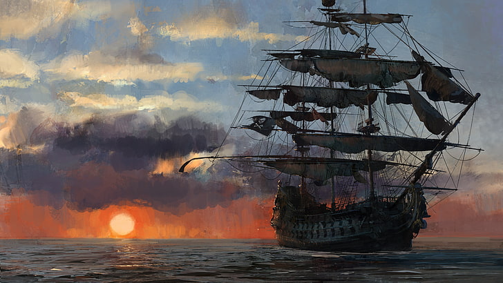 bateau galion, jeu, pirate, coucher de soleil, bateau pirate, drapeau, navire, drapeau pirate, kaizoku, crâne et os, Fond d'écran HD