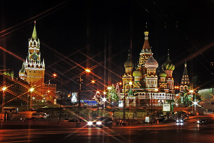 Катедралата Свети Василий, Москва цифрови тапети, Москва, Русия, червен площад, светлина, вечер, HD тапет