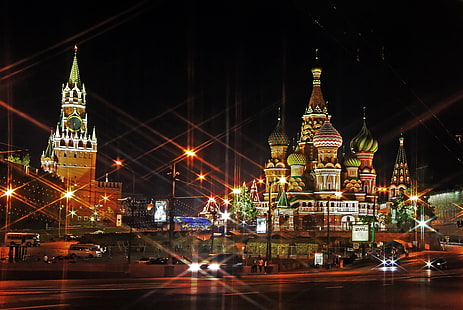 كاتدرائية القديس باسيل ، خلفية موسكو الرقمية ، موسكو ، روسيا ، المربع الأحمر ، الضوء ، المساء، خلفية HD HD wallpaper