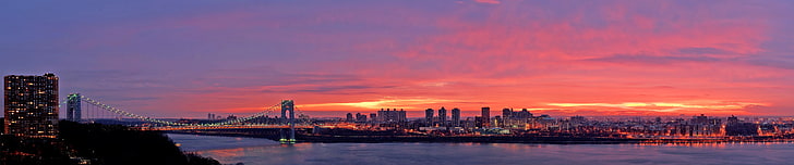 szary most wiszący, Nowy Jork, potrójny ekran, zachód słońca, Tapety HD
