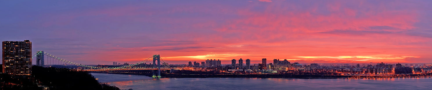 szary most wiszący, Nowy Jork, potrójny ekran, zachód słońca, Tapety HD HD wallpaper