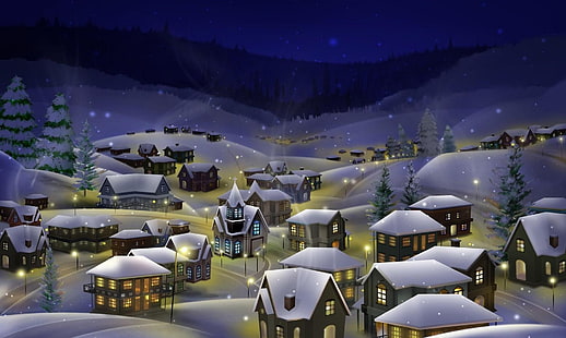 wioska pokryta śniegiem, noc, miasto, śnieg, boże narodzenie, wakacje, Tapety HD HD wallpaper