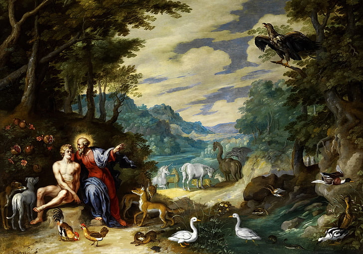 cuadro, mitología, Jan Brueghel el joven, en el jardín del Edén, Fondo de pantalla HD