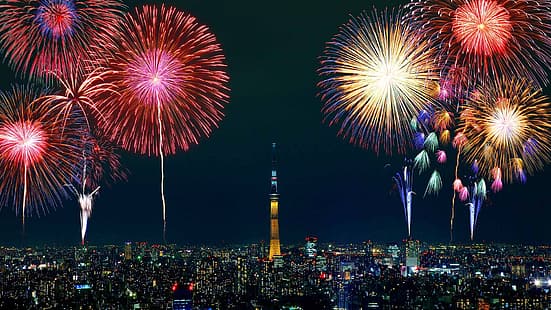 la città, saluto, Tokyo, fuochi d'artificio, Sfondo HD HD wallpaper