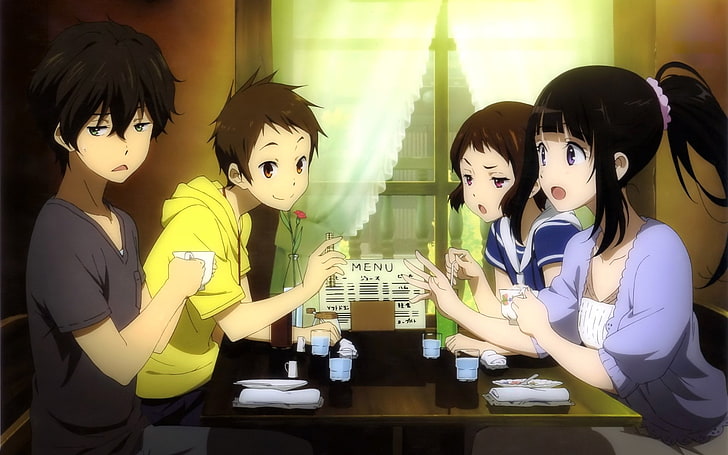 두 명의 여성 및 두 명의 남성 애니메이션 캐릭터, Anime, Hyouka, Eru Chitanda, Hotarō Oreki, Mayaka Ibara, Fukube Satoshi, HD 배경 화면