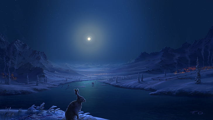 winter, snow, mountains, river, people, hare, home, The moon, village, art, moonlight, Fel-X, HD wallpaper